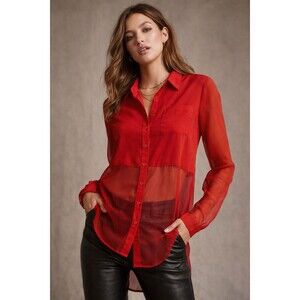 Free People Red Sheer Button Front Blouse Long Sleeve Layering Hi-Low Hem Medium